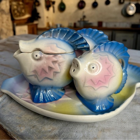 Vintage Kitsch Porcelain Fish Cruet Set 1950s 1960s - 5 Piece Set Tray Japan - Picture 4 of 14